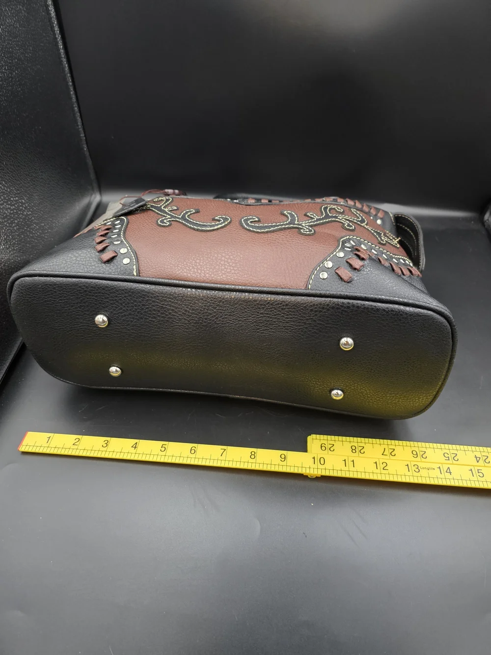 Embellished Two-Tone Black and Brown Satchel Handbag
